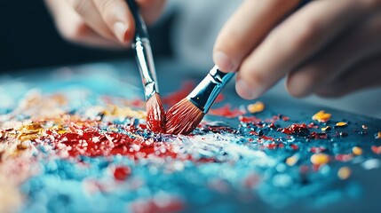 Close-up of a person skillfully mixing vibrant paint colors with brushes on a palette