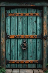 Heavy wooden barn gate with rustic metal hinges showcased against a solid dark green background, perfect for rural themes