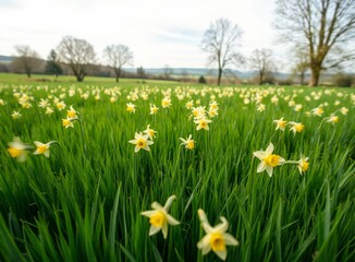 Fototapeta premium Sunny Daffodil Field Landscape, Welcoming Spring With Blue Sky And Rolling Hills