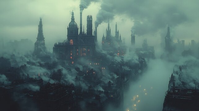 Industrial Revolution era factories machines humming workers walking along streets in early morning fog with a sense of rapid economic change in the air