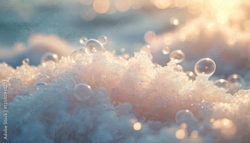 Poster macro close up photo of sparkling sea foam bubbles with blurred background. natural abstract bubbly 