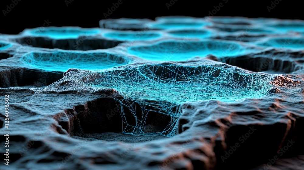 Poster a 3d rendering of interconnected digital data nodes and pathways on any network