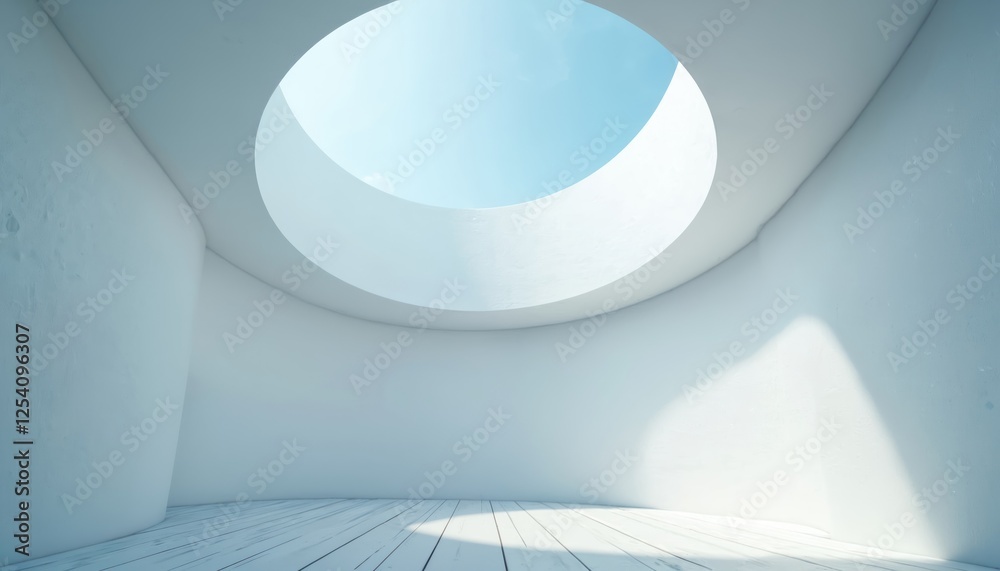 Poster abstract architecture background with curved white wall. a round window on the ceiling, and wooden f