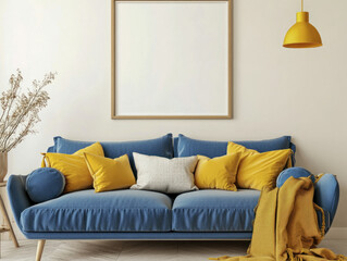 Modern interior with blue sofa and blank frame on wall