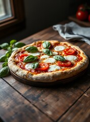 Fresh Margherita Pizza with Mozzarella Cheese and Basil on Rustic Wood