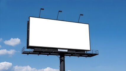Outdoor pole billboard on blue sky background with mock up white screen and clipping path,information,business,blank