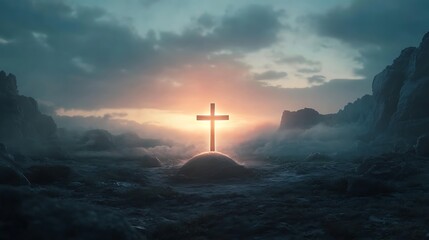 Fototapeta premium Crucifix at sunrise with light over empty tomb