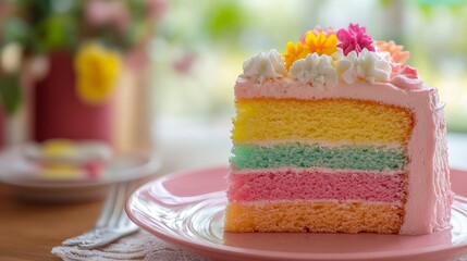 A colorful, pastel rainbow layered birthday cake slice with cream, sitting on a plate before a pink background.