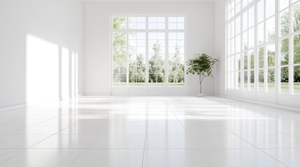 Bright white room, large windows, sunlit floor, green plant, garden view; interior design