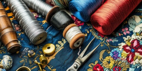 Colorful Threads Spools and Antique Sewing Tools on Fabric