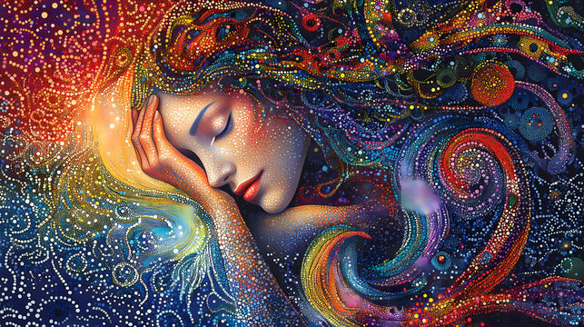 A serene woman rests her head on her hand, enveloped in vibrant, swirling dot patterns symbolizing creativity and tranquility amidst a cosmic background of colors. Mosaic Dreamscapes. Illustration