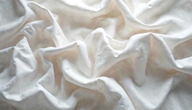 High-contrast image of crumpled white cloth. Intricate texture with soft light, folds, wrinkles, organic, natural material. Perfect for backgrounds, overlays, product demos, sewing factory needs.