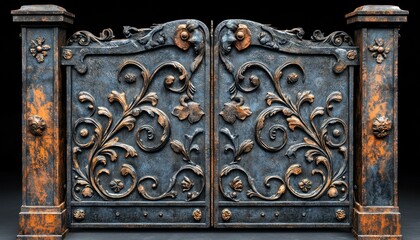 Antique gate with forged iron details and historical motifs against a solid black background, perfect for period properties