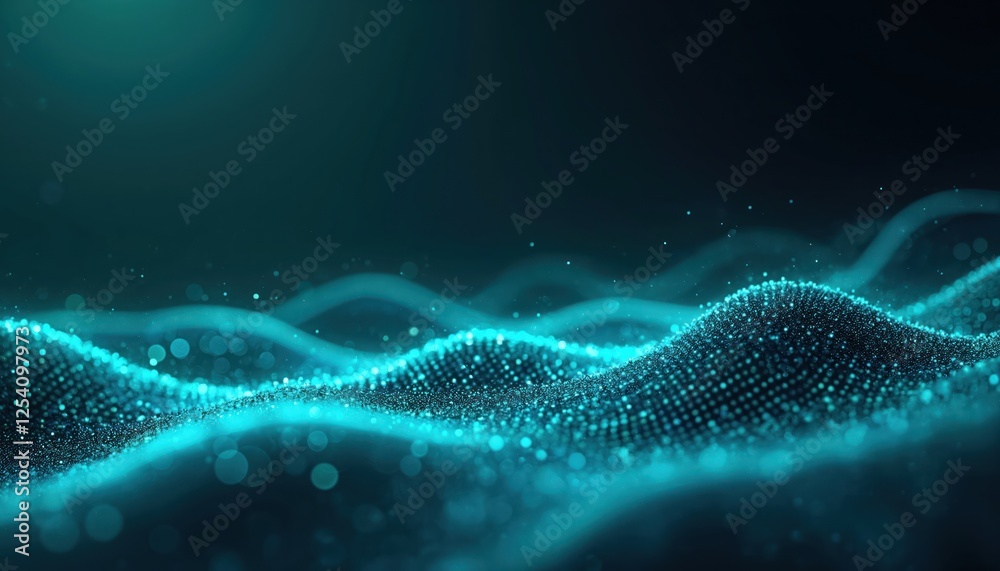 Fototapete illustration of teal glowing dots creating wave pattern on dark background. futuristic digital desig