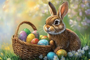 Easter Bunny with colorful egg basket smiling at viewer