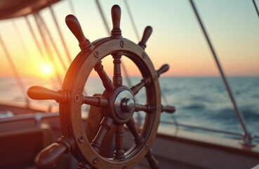 Steering wheel on ship against sunset sky. Wooden helm against ocean horizon. Travel, adventure on sailboat. Retro nautical equipment with rudder. Marine navigation concept.