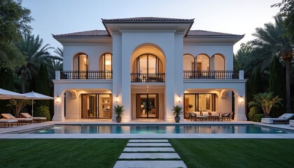 Stunning modern neoclassical villa in Dubai features large windows, arched doors, swimming pool, outdoor seating amid rich plants. Opulent design, premium property, tranquil oasis. Upscale living.
