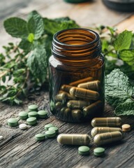 Herbal capsules & pills on wooden table, nature background