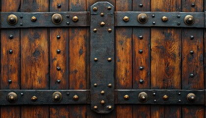 Fototapeta premium Heavy fortress gate made aged oak and iron studs, reminiscent medieval times