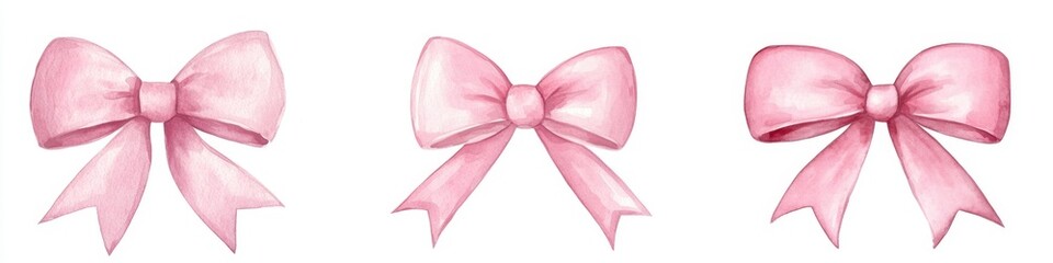Pink watercolor bows on white background; gift wrap design