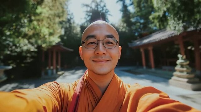 A joyful selfie of a Buddhist monk smiling, radiating calmness and spiritual serenity with a warm, inviting expression that inspires peace.