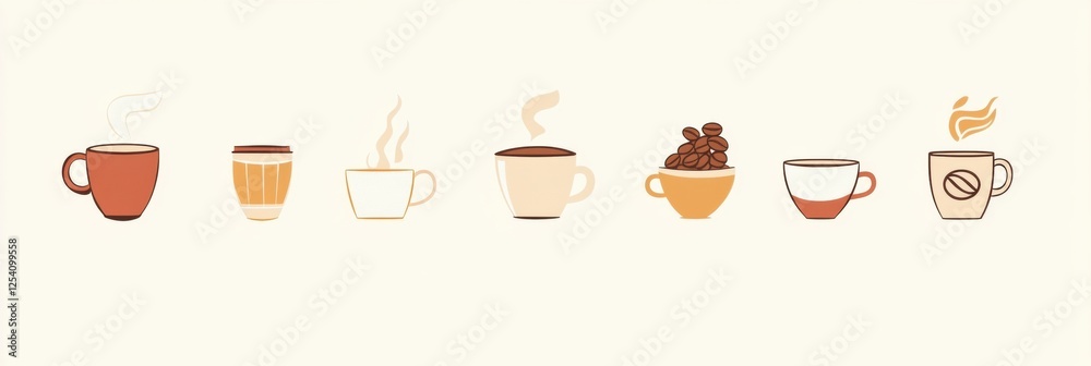 Poster creative stickers featuring various coffee cups and beans in a playful design for coffee lovers and 