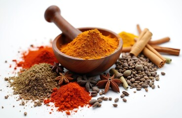 Close-up of indian spices garam masala, turmeric, anise, chili. Colorful mix of condiment ingredients for cooking, seasoning, flavoring, food preparation, cuisine. Wooden bowl with spices. © miss irine