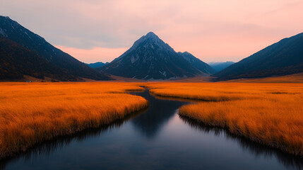 Autumnal mountain lake sunset landscape