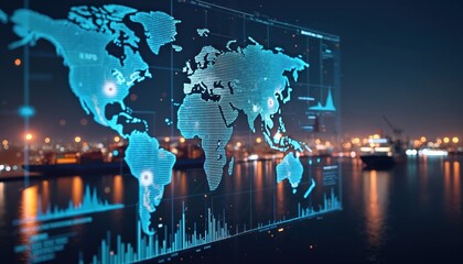 Global logistics dashboard displays digital world map, data analytics, shipping visuals at night harbor. Maritime transportation interface cargo network, trend analysis, connectivity software