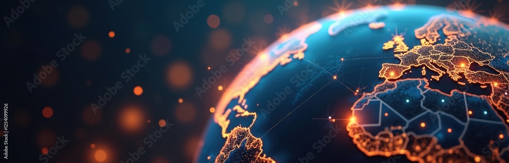 Leinwandbilder global connectivity concept features glowing earth map with orange lines, dots. network data transfe