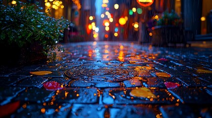 Rainy night street, cobblestone, autumn leaves, city lights, bokeh background; travel blog