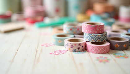 Collection of washi tapes in various designs, playful mood, crafting supplies on a textured background, with copy space
