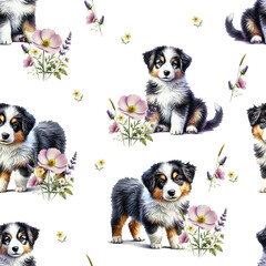Obraz premium Seamless pattern of australian shepherd dog with flowers on white background. Repeating design pet for wallpaper, textile, fabric. Watercolor illustration