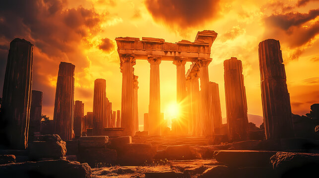 Ancient temple ruins illuminated by sunset glow. Golden Age Ruins. Illustration
