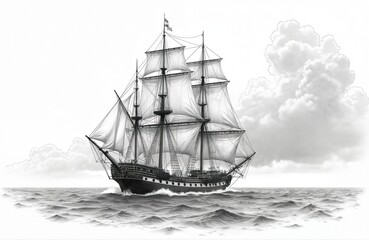 Fototapeta premium Detailed monochrome pencil sketch of ship sailing on open sea, billowing clouds in the background. Vintage nautical vessel floats on water. Maritime, marine travel adventure.