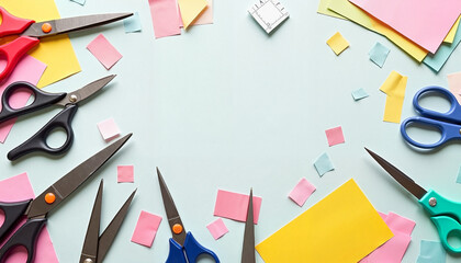 Different types of craft scissors, creative mood, crafting tools on a colorful background, with copy space