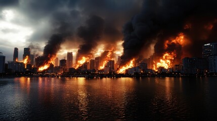 Obraz premium A dramatic blaze sweeps through downtown structures, towering flames and thick smoke contrasting against a darkening sky during twilight hours