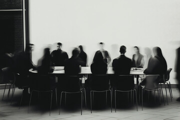 Boardroom Meeting in Motion: A black and white, motion-blurred photograph capturing the energy and dynamism of a business meeting.  The focus is on the figures seated around a long table.