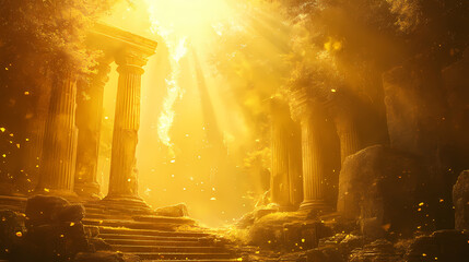 Golden scene with light rays background. Golden Age Ruins. Illustration