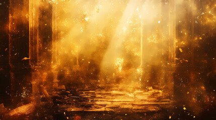Golden scene with light rays background. Golden Age Ruins. Illustration