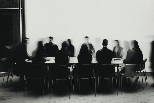Boardroom Meeting in Motion: A black and white, motion-blurred photograph capturing the energy and dynamism of a business meeting.  The focus is on the figures seated around a long table.
