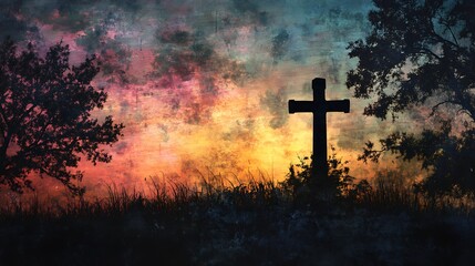 Cross silhouetted against glowing sunrise sky