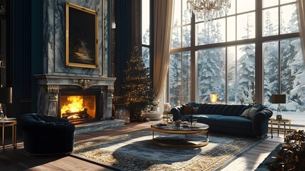 Luxury Living Room Interior with Grand Fireplace, Plush Velvet Sofas, Crystal Chandelier, and Marble Accents in a Cozy Sophisticated Atmosphere