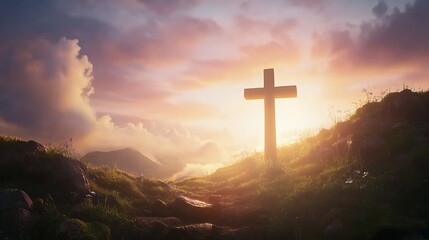 Cross silhouetted against glowing sunrise sky