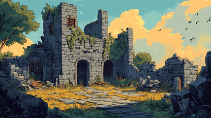 Overgrown stone edifice, painted remnants whisper of a bygone golden age, captured in vivid high-depth-of-field. Golden Age Ruins. Illustration