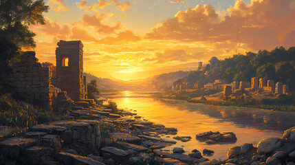 Serene sunset over ancient temple ruins and a calm river. the warm golden light paints the sky, highlighting the aged stone structures. Golden Age Ruins. Illustration