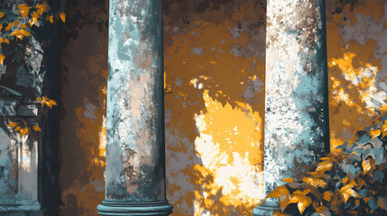Stone pillars, ivy, aged building, golden sunlight. Golden Age Ruins. Illustration