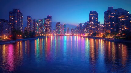 Naklejka premium A vibrant city skyline reflecting in the water at dusk, showcasing urban beauty and life.
