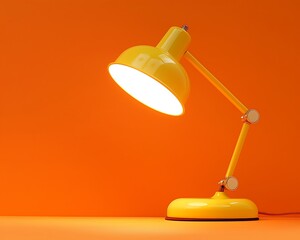 Minimalist yellow desk lamp against an orange background, warm light, space for text or elements.