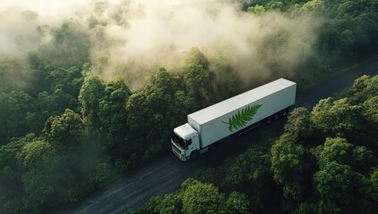 White Truck Drives Through Misty Green Forest